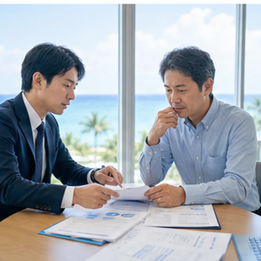 宿泊事業者とコンサルタントが書類を確認している面談風景